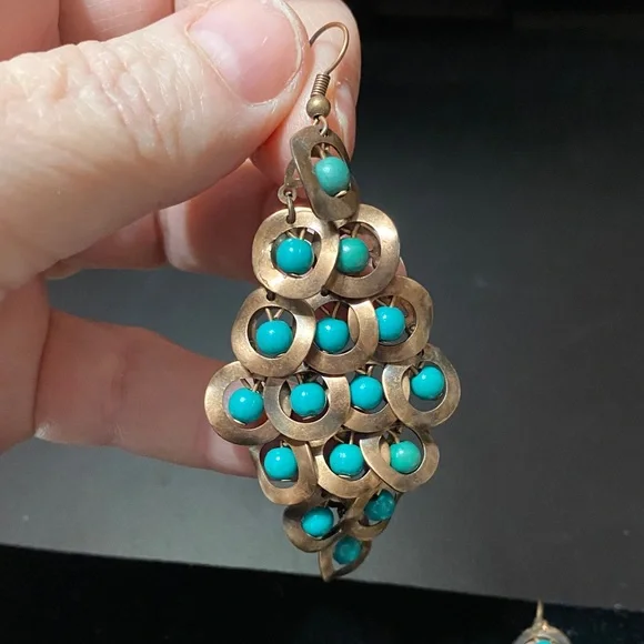 Elegant vintage Turquoise and metal Chandelier Earrings - Picture 10 of 16